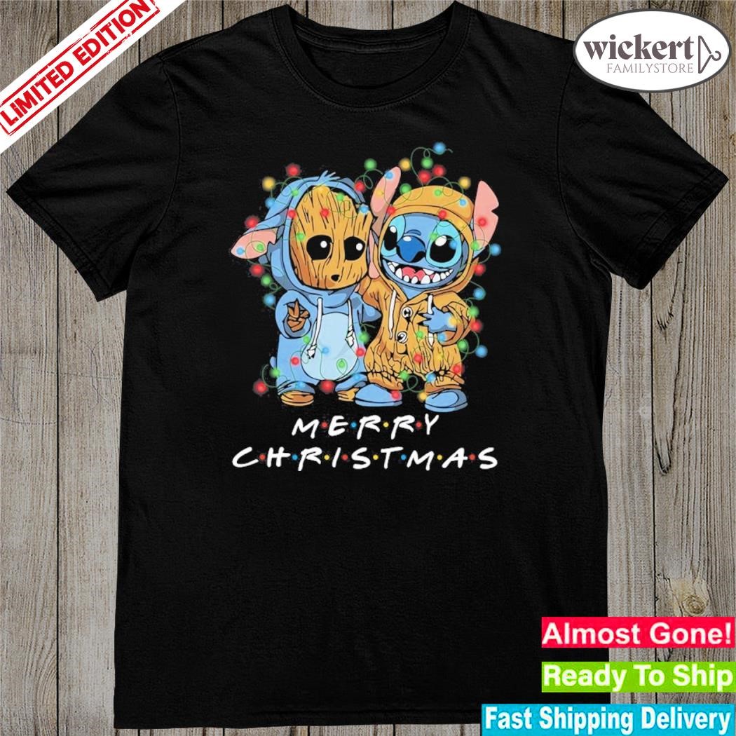 Official Baby Stitch and baby Groot merry christmas light shirt