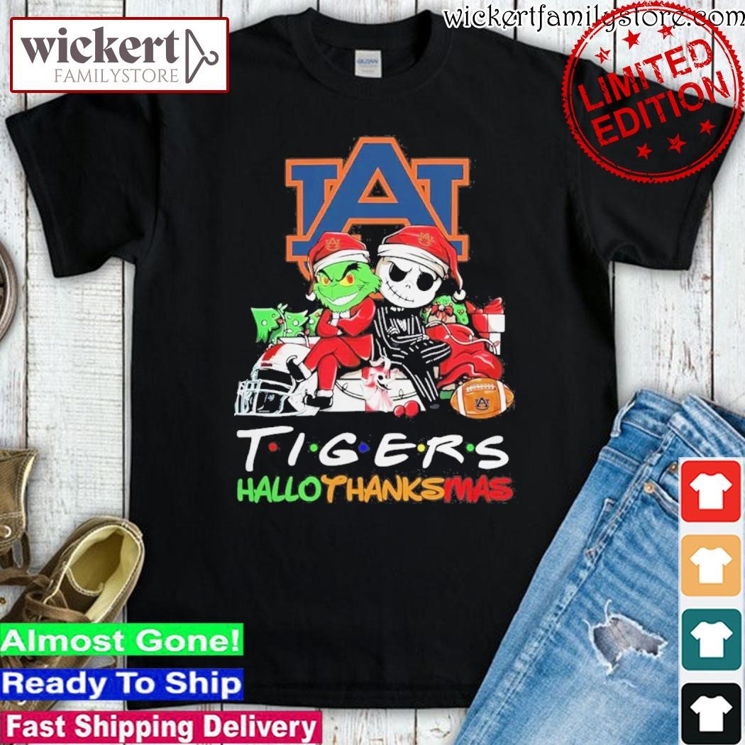 Official Grinch And Jack Skellington Hat Santa Friends Auburn Tigers Hallothanksmas Shirt
