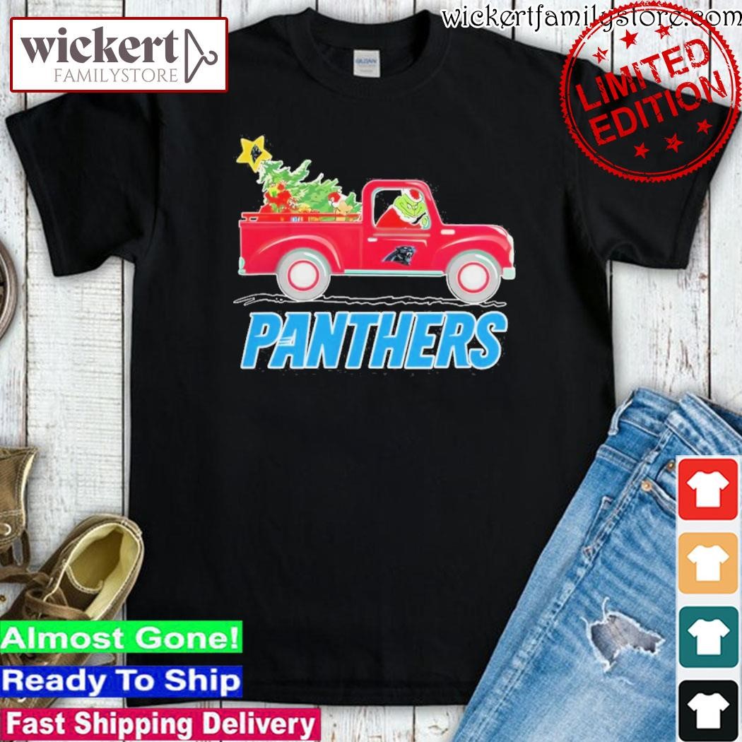 Official Grinch Hat Santa NFL Carolina Panthers Driving Truck Christmas Shirt