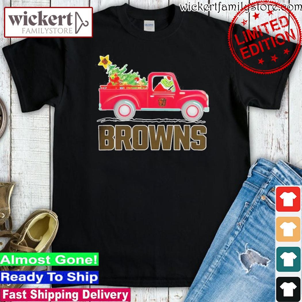 Official Grinch Hat Santa NFL Cleveland Browns Driving Truck Christmas Shirt