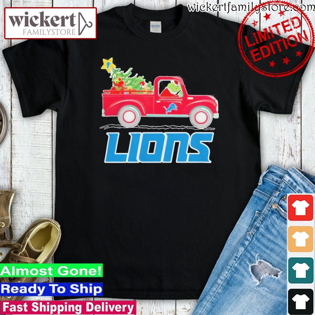 Official Grinch Hat Santa NFL Detroit Lions Driving Truck Christmas Shirt