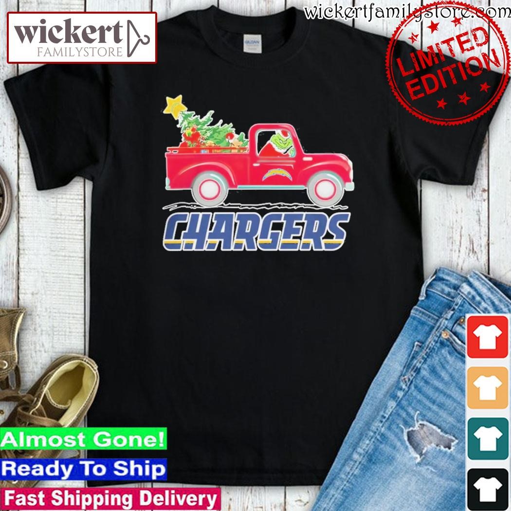 Official Grinch Hat Santa NFL Los Angeles Chargers Driving Truck Christmas Shirt
