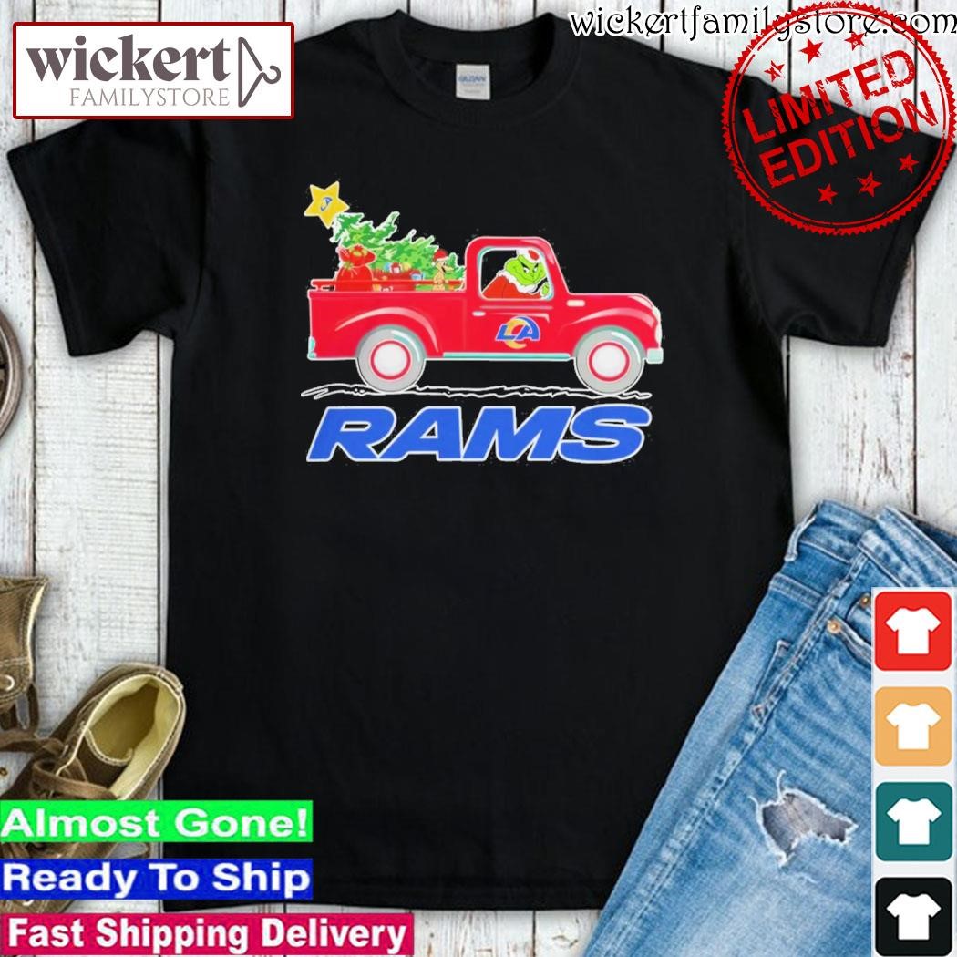 Official Grinch Hat Santa NFL Los Angeles Rams Driving Truck Christmas shirt