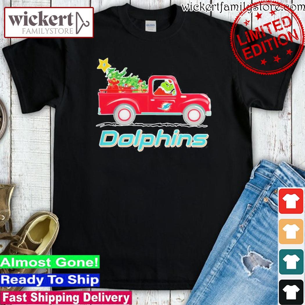 Official Grinch Hat Santa NFL Miami Dolphins Driving Truck Christmas shirt
