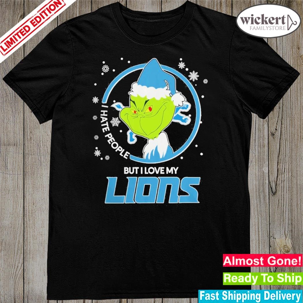 Official Grinch hat Santa I Hate People But I Love My Detroit Lions Christmas Shirt