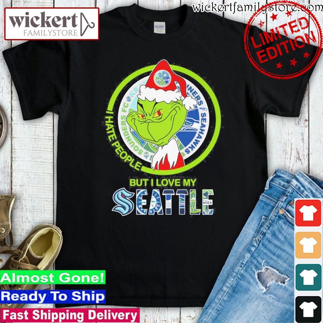 Official Grinch hat santa I hate people but I love my Seattle christmas logo shirt