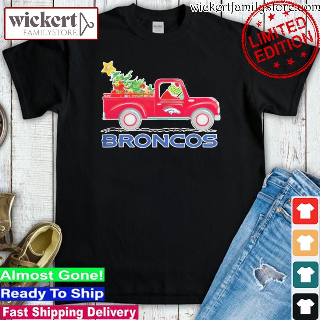 Official Grinch hat santa NFL Denver Broncos Driving Truck Christmas shirt