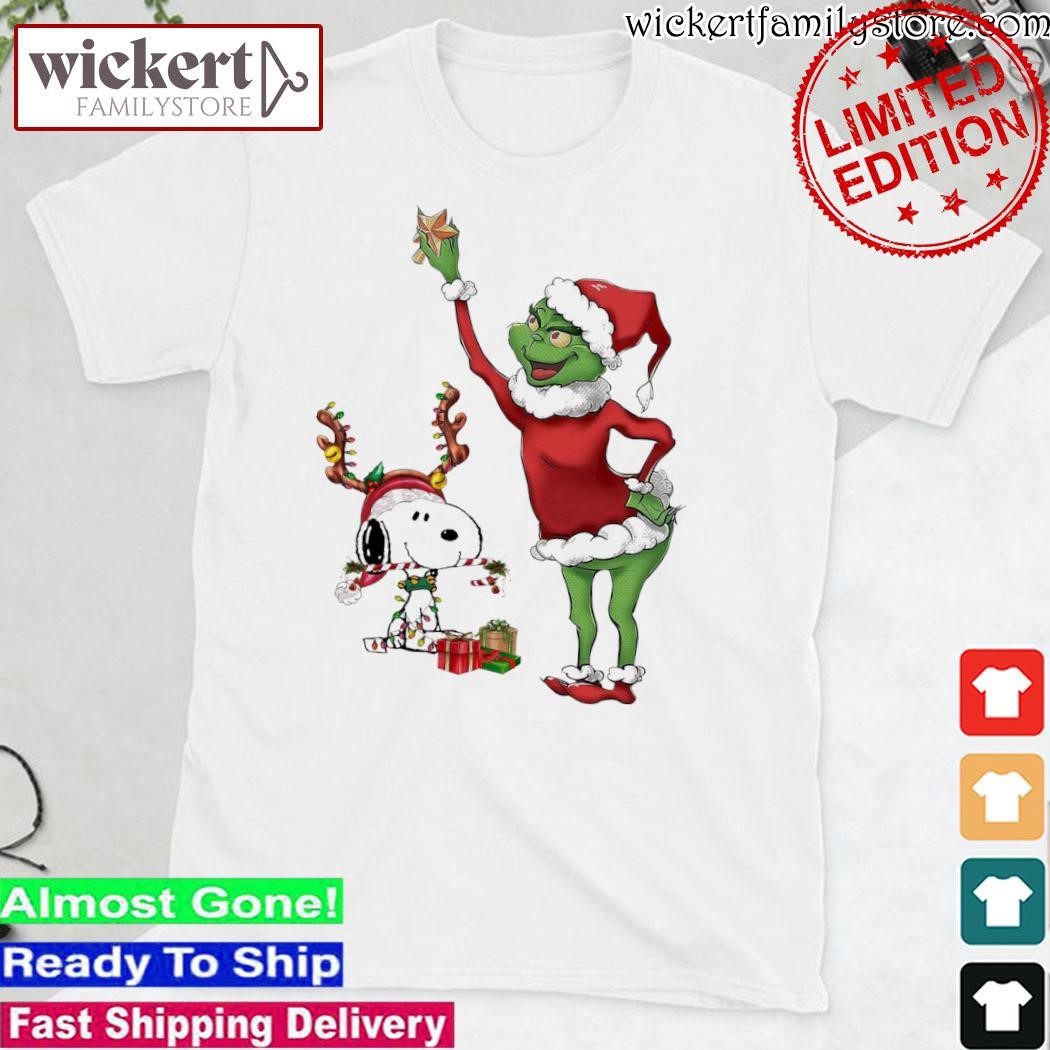 Official Grinch hat santa and Snoopy reindeer merry christmas shirt