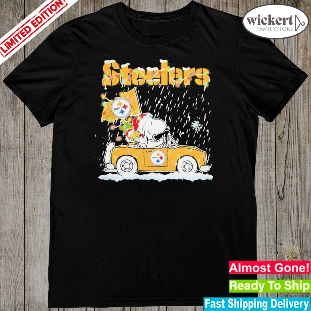 Official Snoopy And Woodstock santa Car Pittsburgh Steelers flag 2023 christmas Shirt
