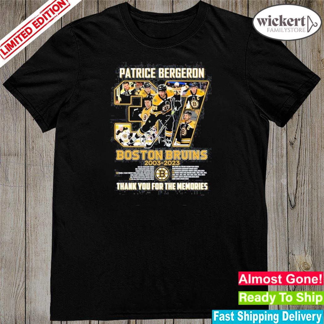 Official boston Bruins 2003 – 2023 37 patrice bergeron thank you for the memories shirt