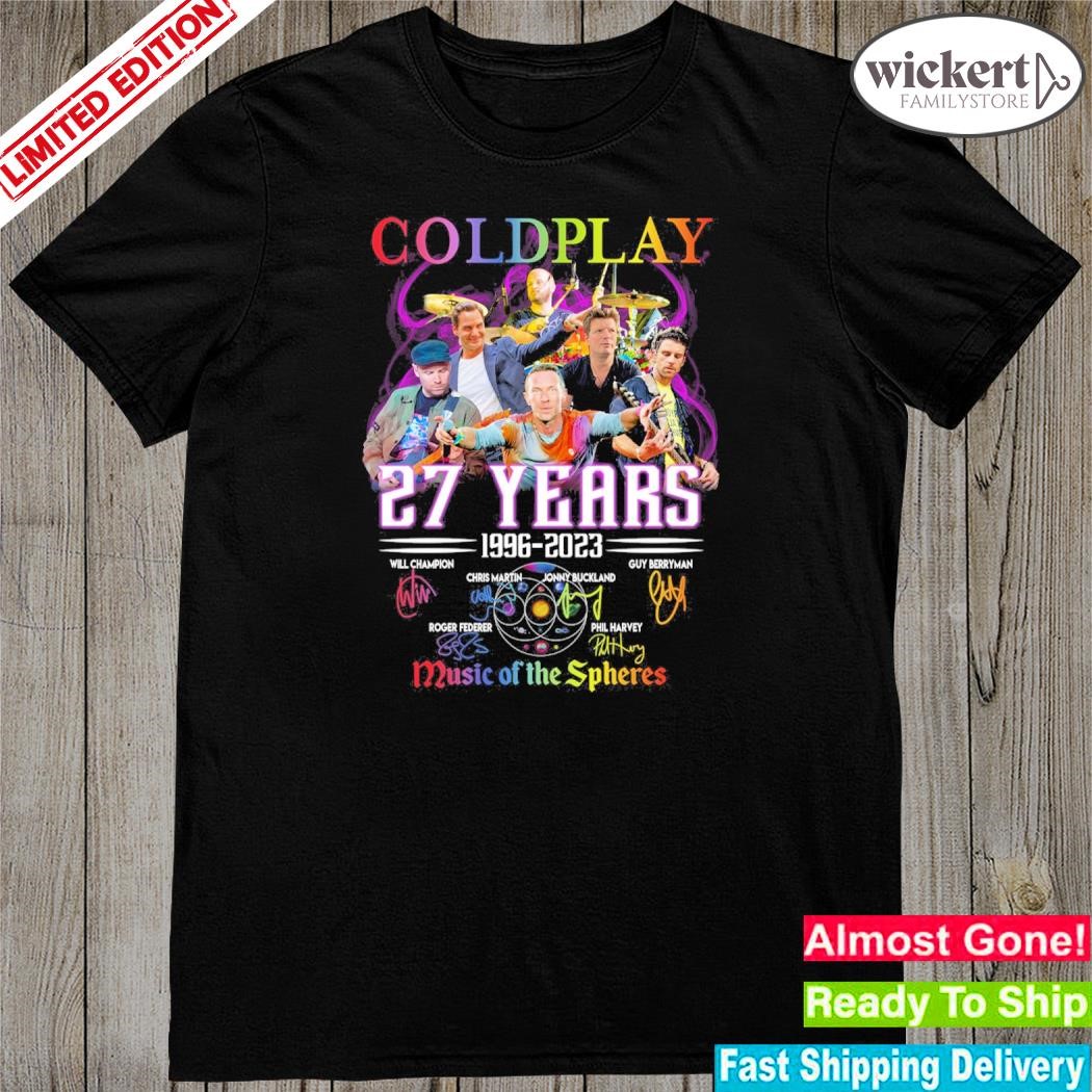 Official cold Play 27 Years 1996 2023 Music Of The Spheres T Shirt
