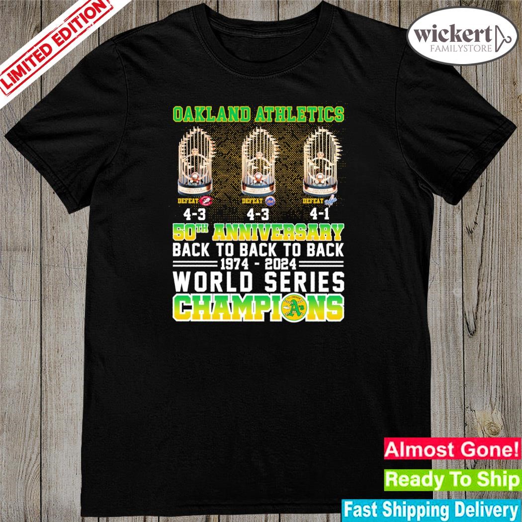 Official oakland athletics 50th anniversary back to back to black 1974 2023 world series champions shirt