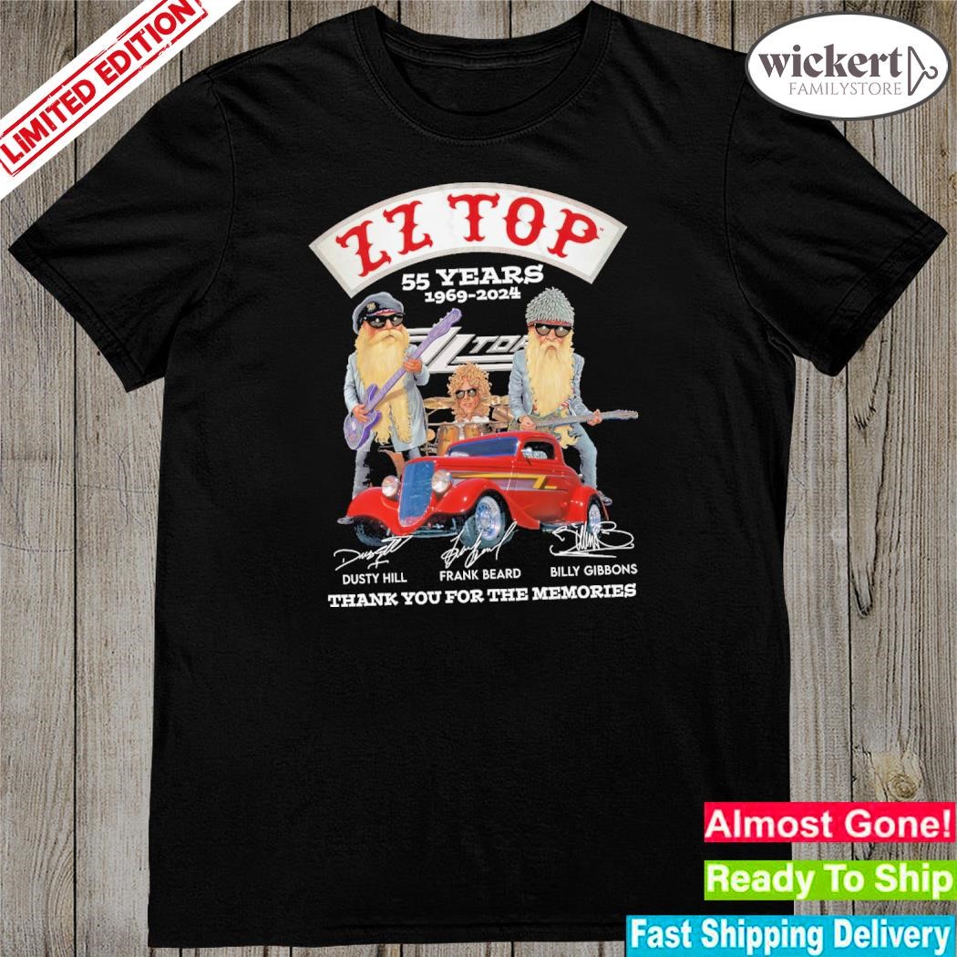 Official zz top 55 years 1969 2024 dusty hill and Frank beard and billy gibbons thank you for the memories shirt
