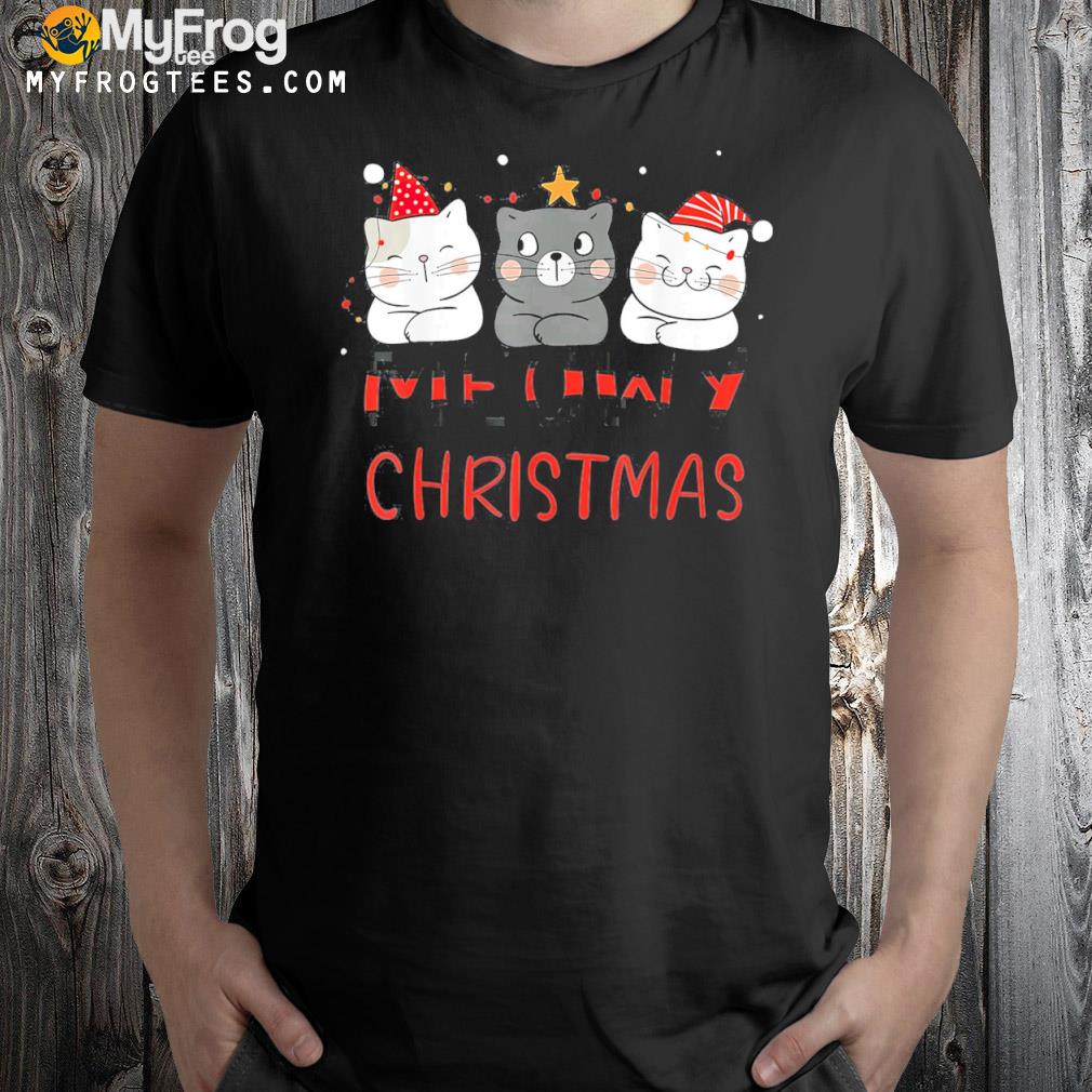 Meowy Catmas Cat Christmas Tree Xmas Girls Boys Funny Santa T-Shirt