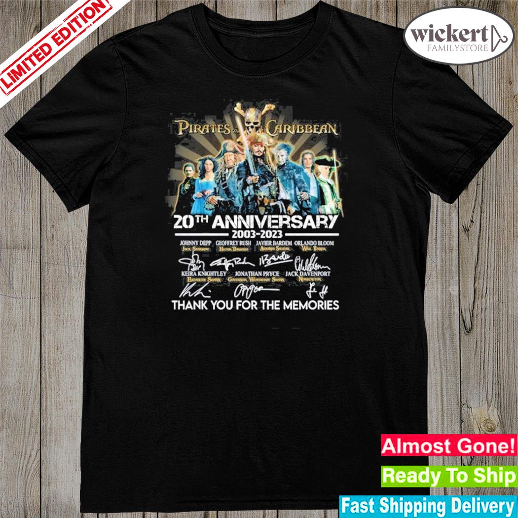 Official 20th Anniversary 2003-2023 Pirates Of The Caribbean Signatures Thank You For The Memories Tshirt